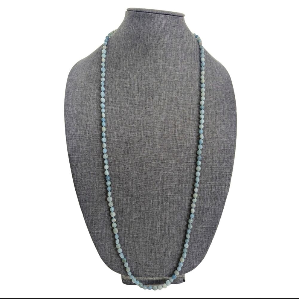 Vintage Sterling Silver Clasp Hand Knotted Aquamarine Gemstone Long Necklace 38"
